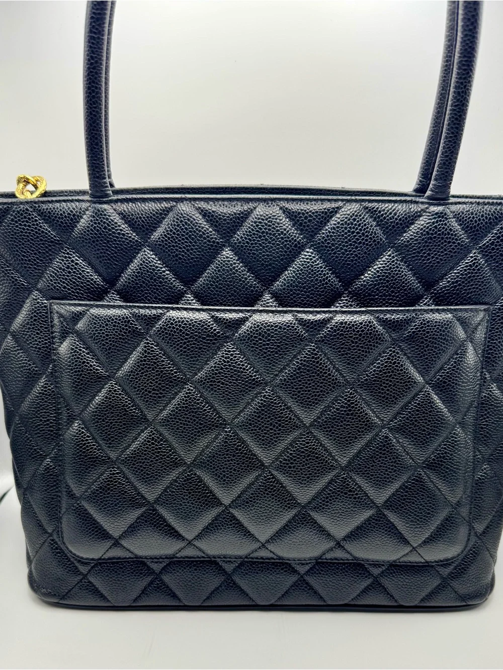 CHANEL Medallion Black Quilted Caviar Leather Vintage Shoulder Tote with Gold CC